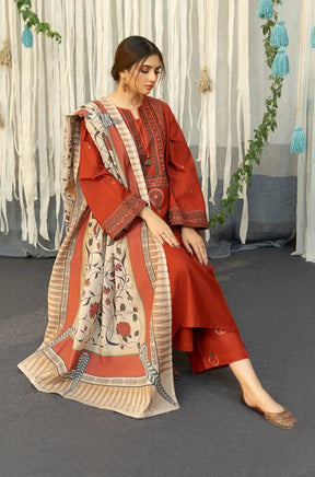 URGE - 3PC DHANAK EMBROIDERED SHIRT WITH COUTURE WOOL PRINT SHAWL AND TROUSER-ADR-2692