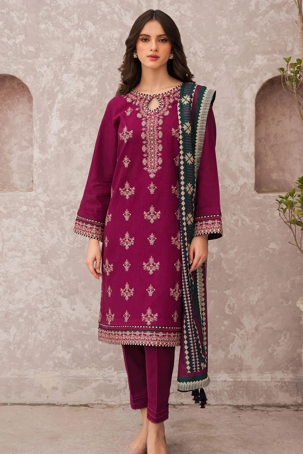 JAZMIN 3PC DHANAK EMBROIDERED WITH COUTURE WOOL PRINT SHAWL-ADR-3200