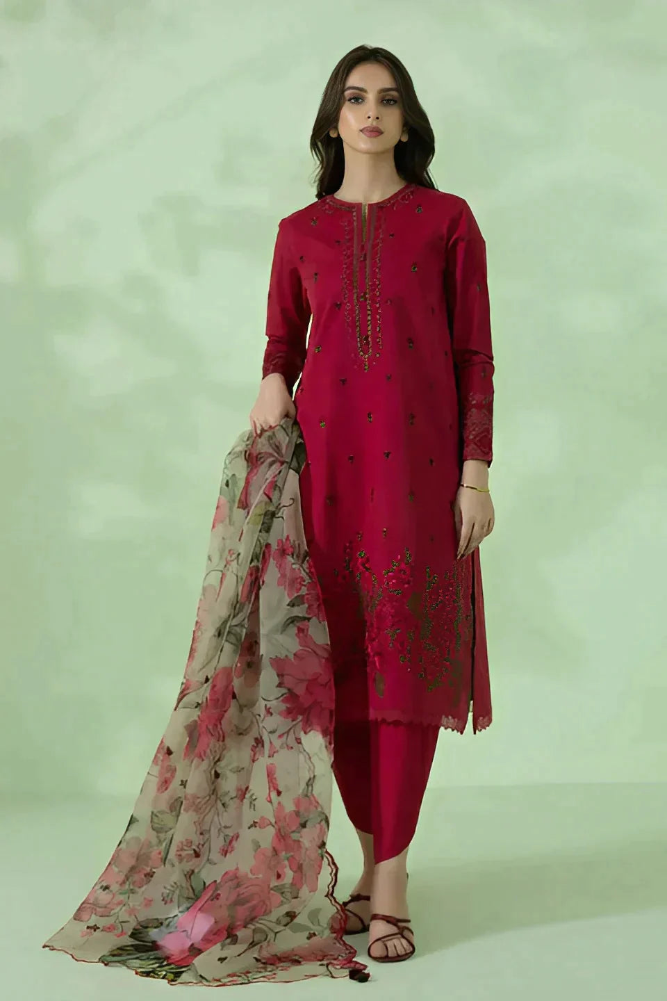 IMAGE - 3PC LAWN EMBROIDERED SHIRT WITH CHIFFON PRINTED DUPATTA AND TROUSER - HZG2868