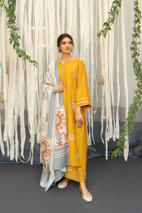 URGE- 3pc Dhanak Embroidered With  Wool Print Shawl-ADR-2558