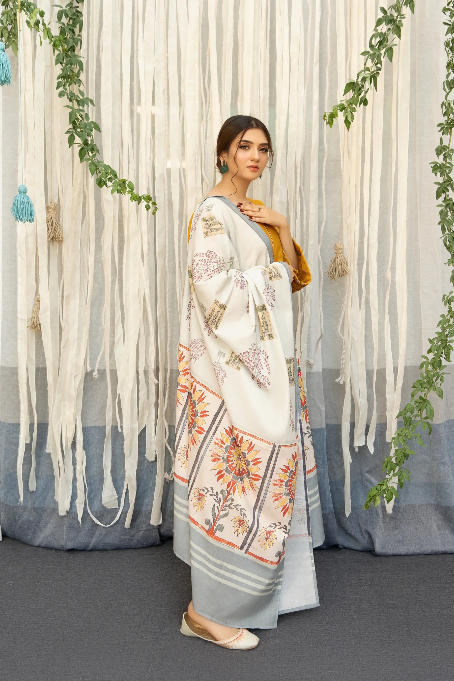 URGE- 3pc Dhanak Embroidered With  Wool Print Shawl-ADR-2558