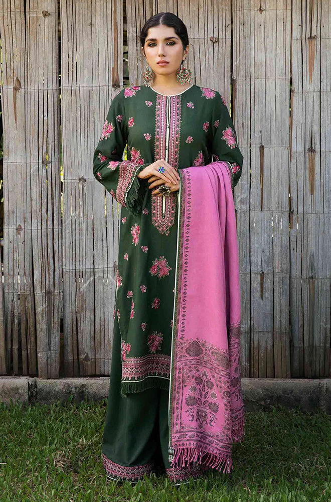 ZARA SHAH JAHAN-3PC KHADDAR EMBROIDERD SHIRT WITH COUTRAI PRINTED SHAWL AND EMB TROUSER-ADR-4144