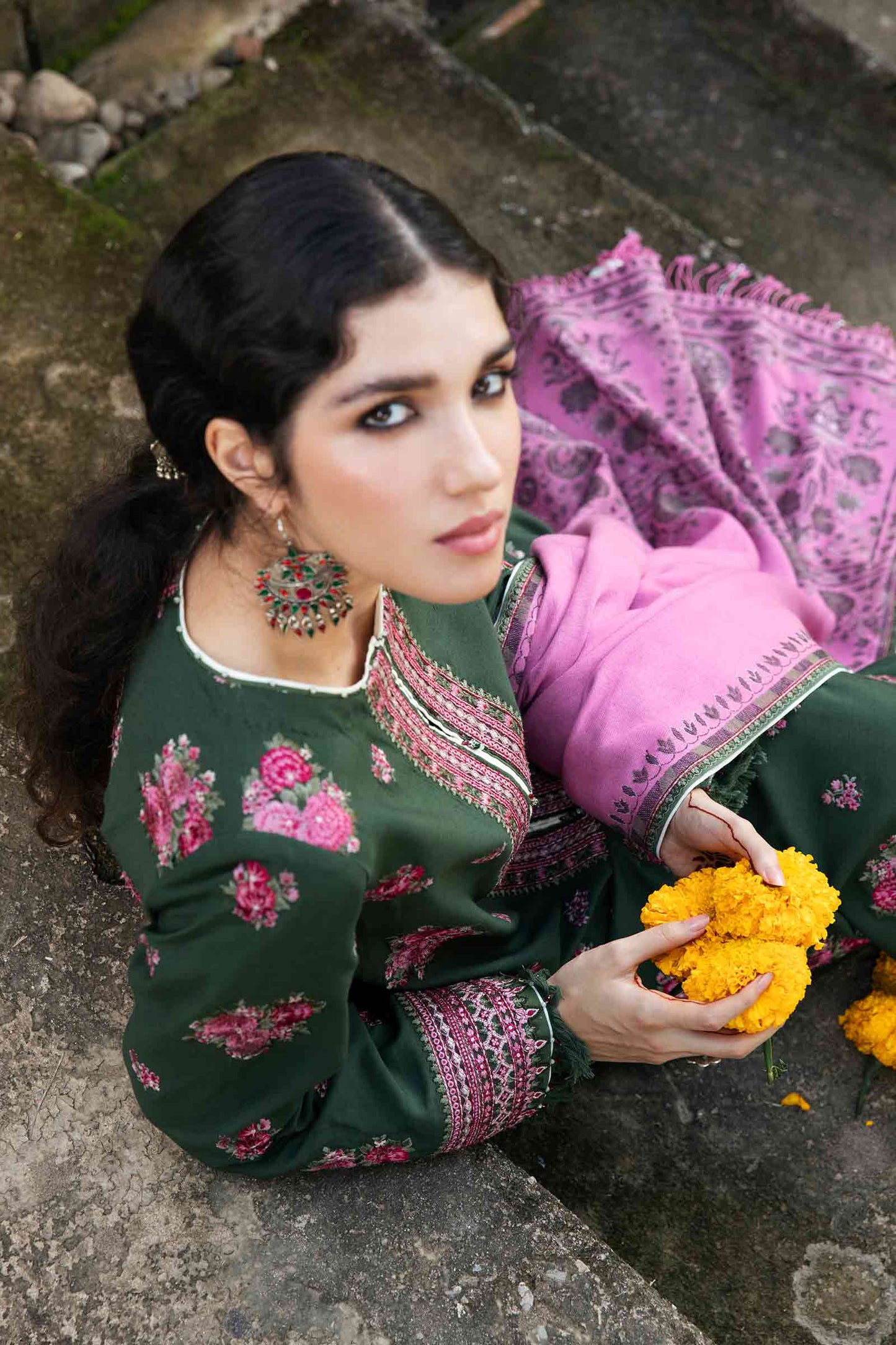 ZARA SHAH JAHAN-3PC KHADDAR EMBROIDERD SHIRT WITH COUTRAI PRINTED SHAWL AND EMB TROUSER-ADR-4144