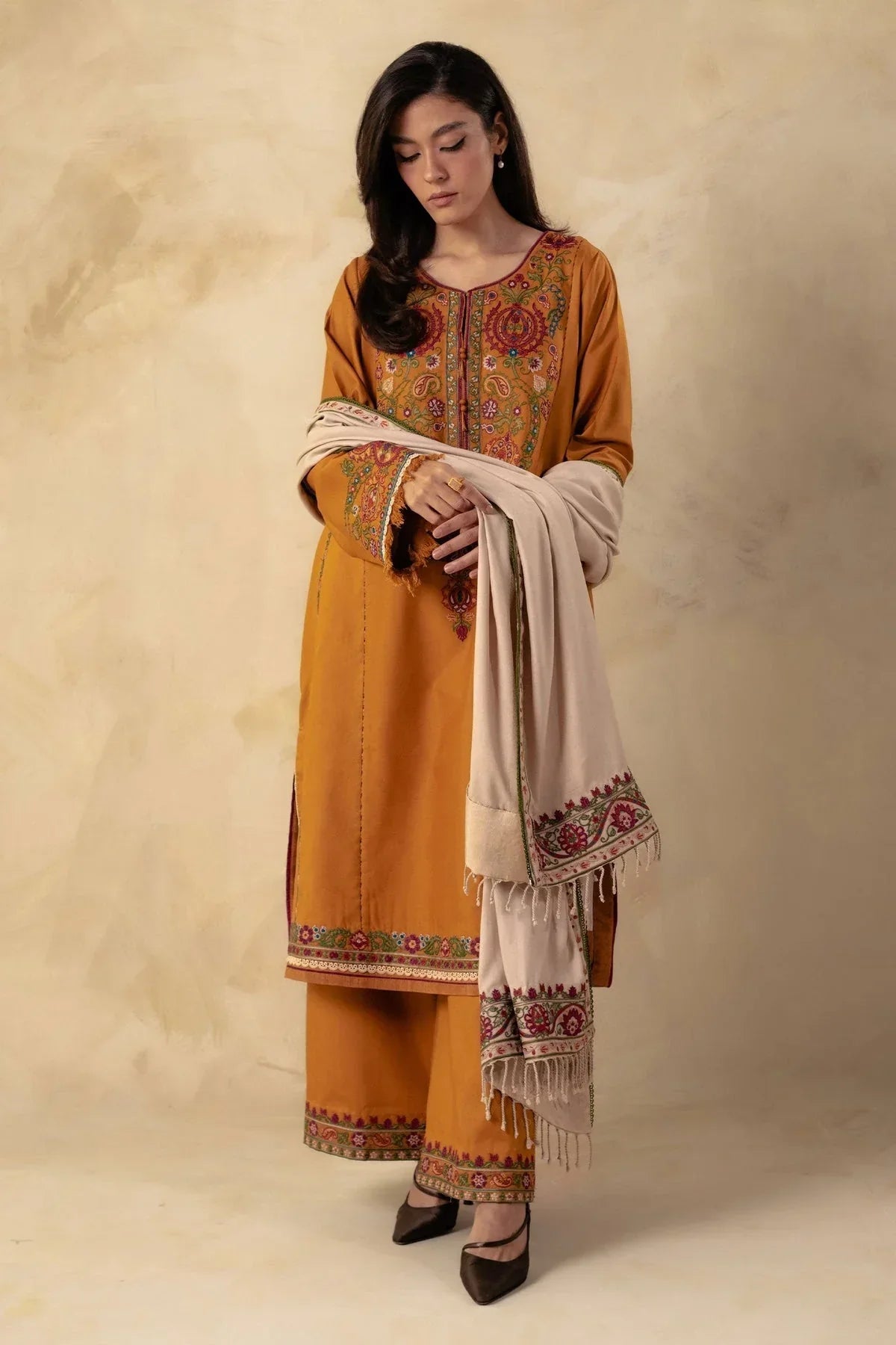 ZARA SHAHJAHAN - 3PC DHANAK EMBROIDERED SHIRT WITH DHANAK EMBROIDERED SHAWL AND TROUSER -ADR-3140