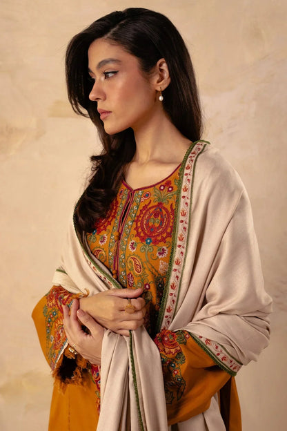 ZARA SHAHJAHAN - 3PC DHANAK EMBROIDERED SHIRT WITH DHANAK EMBROIDERED SHAWL AND TROUSER -ADR-4009