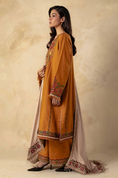 ZARA SHAHJAHAN - 3PC DHANAK EMBROIDERED SHIRT WITH DHANAK EMBROIDERED SHAWL AND TROUSER -ADR-4009